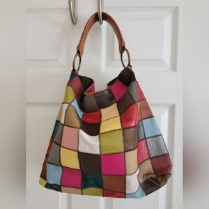 Leather Patchwork Madras Shoulder Bag w Braided Leather Shoulder Strap